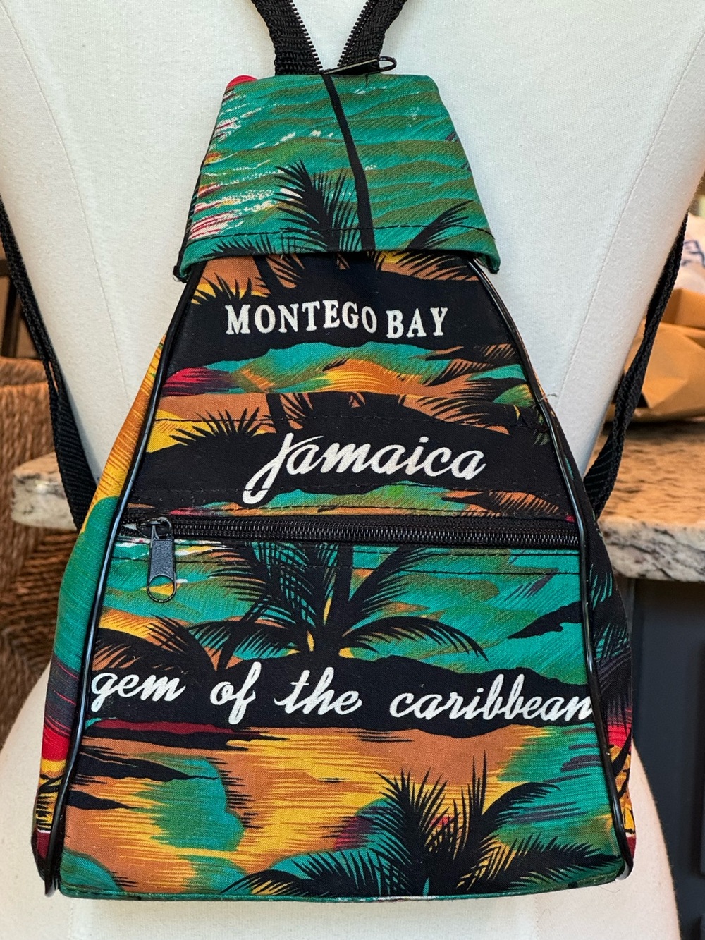 "Montego Bay, Jamaica, gem of the Caribbean” triangular canvas sling backpack